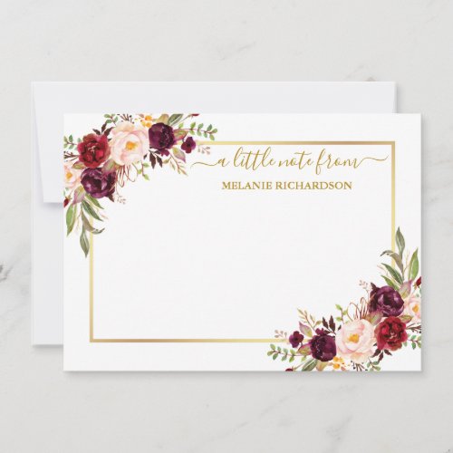 Elegant Gold Frame Watercolor Burgundy Floral Note Card