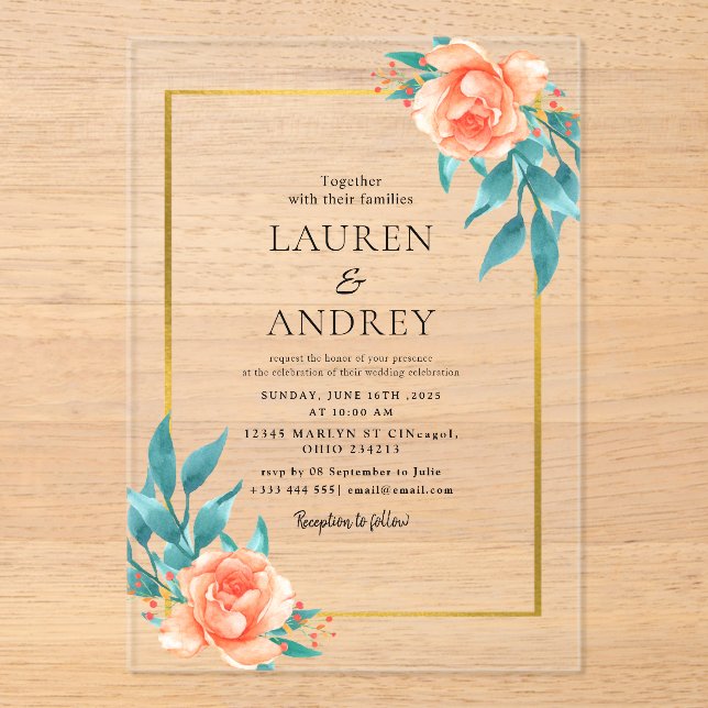 Elegant Gold Frame Wedding  Acrylic Invitations (Front)