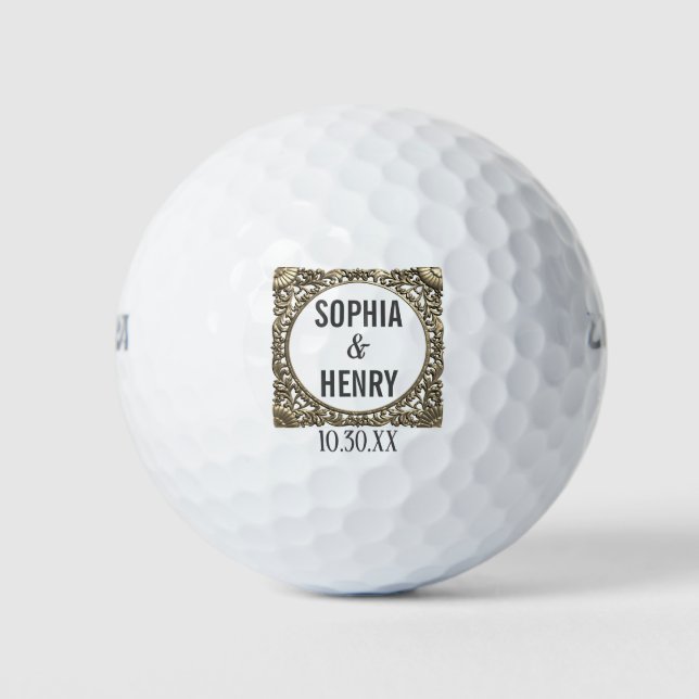 Elegant Gold Frame Wedding Favor Golf Balls (Front)