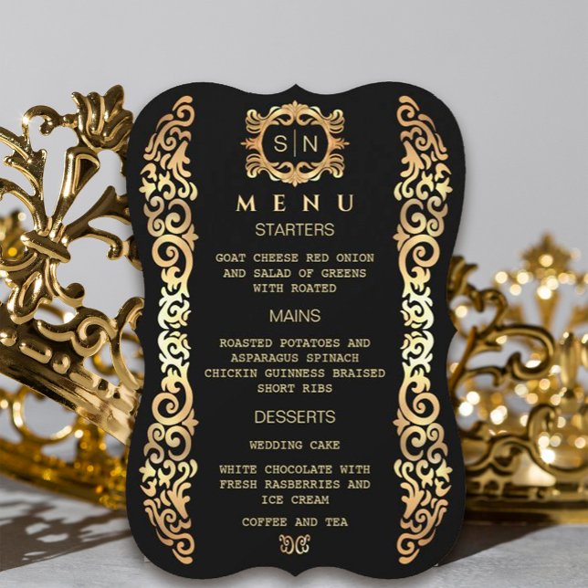 Elegant gold Frame Wedding Menu (#zazzlemade #royal #blackandgold #goldframe #luxury #vintagegoldframe #illustratorgoldframe #origena)