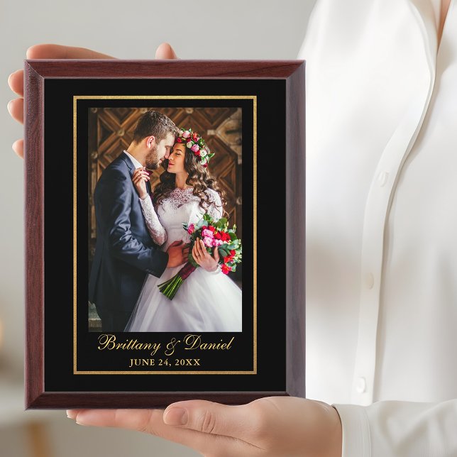 Elegant Gold Frame Wedding Photo Blk Plaque (Customize to change text size or text style.)