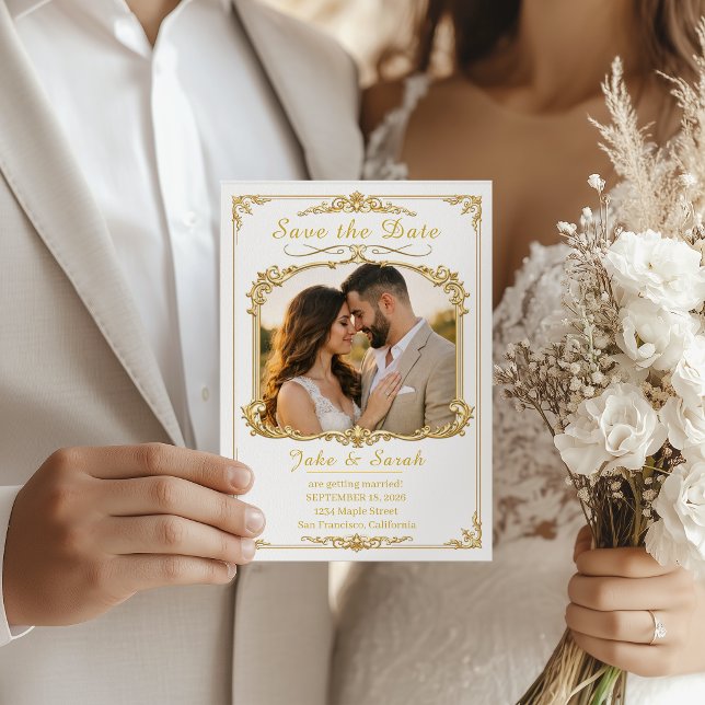 Elegant Gold Frame Wedding Save the Date PhotoCard (Creator Uploaded)