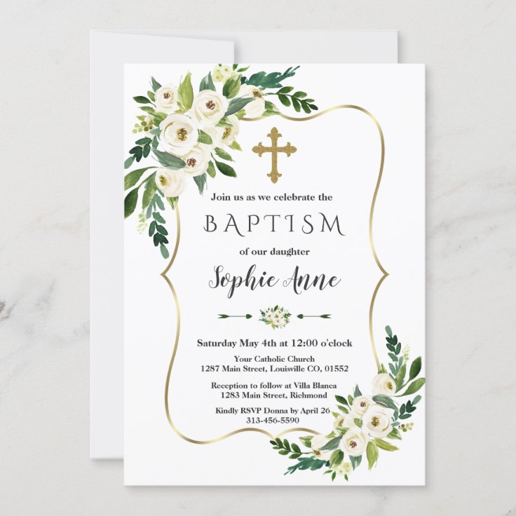 Elegant Gold Frame White Blooming Flowers Baptism Invitation | Zazzle