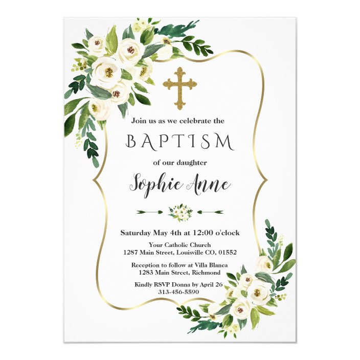 Elegant Gold Frame White Blooming Flowers Baptism Invitation | Zazzle.com