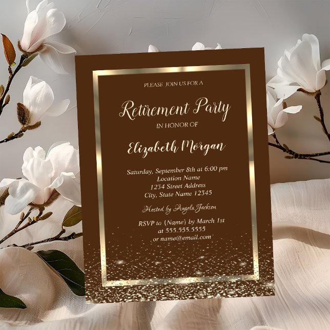 Elegant Gold Frame White Confetti Brown Retirement Invitation (Creator Uploaded)