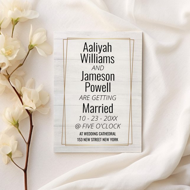 Elegant gold frame white wood typography Wedding Invitation (Elegant gold frame white wood typography Wedding)