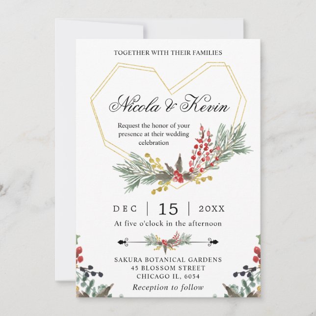 Elegant Gold Frame & Winter Holly Foliage Wedding Invitation (Front)