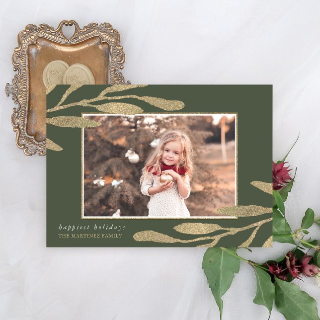 Elegant Gold Frame with Botanical Leaves Photo Holiday Card (Creator Uploaded)