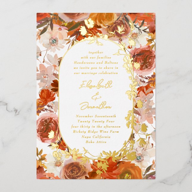 Elegant Gold Frame Wreath Floral Abundance Wedding Foil Invitation (Front)