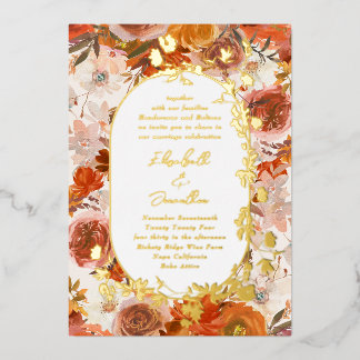 Elegant Gold Frame Wreath Floral Abundance Wedding Foil Invitation