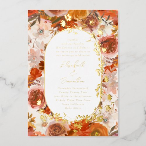 Elegant Gold Frame Wreath Floral Abundance Wedding Foil Invitation