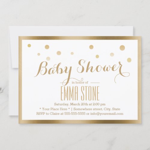 Gold Framed Confetti Dots Baby Shower 5x7 Paper Invitation Card