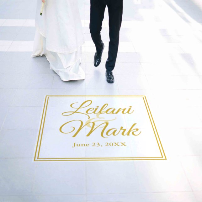 Elegant Gold Framed Newlyweds Names Wedding Floor Decals (Wedding)