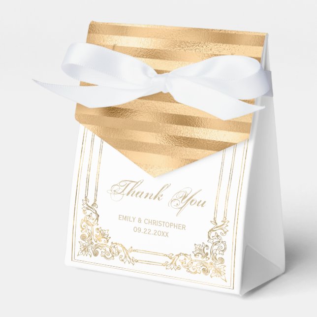 Elegant Gold Framed Script White Wedding Thank You Favor Boxes (Front Side)
