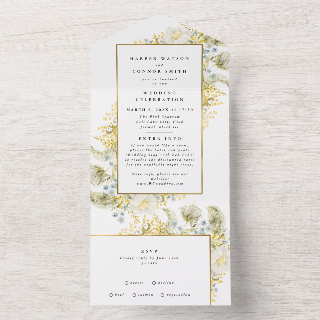 Elegant Gold Framed Wildflower Edging Wedding All In One Invitation ...