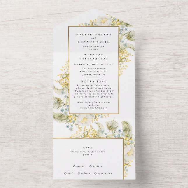 Elegant Gold Framed Wildflower Edging Wedding All In One Invitation (Inside)