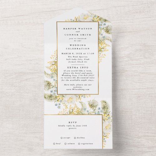 Elegant Gold Framed Wildflower Edging Wedding All In One Invitation