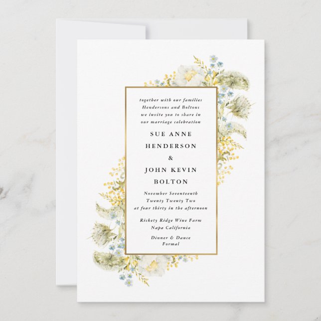 Elegant Gold Framed Wildflower Edging Wedding Invitation (Front)