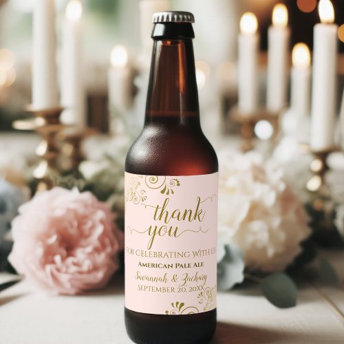 Elegant Gold Frills Blush Pink Wedding Thank You Beer Bottle Label