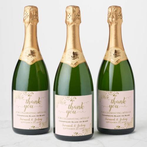 Elegant Gold Frills Blush Pink Wedding Thank You Sparkling Wine Label