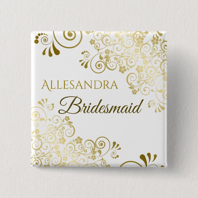 Elegant Gold Frills Bridesmaid Wedding Name Tag Button (Front)