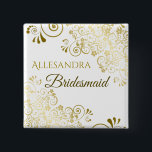 Elegant Gold Frills Bridesmaid Wedding Name Tag Button<br><div class="desc">Simple yet elegant name tag designed to identify your bridesmaids at your wedding shower,  rehearsal or other related event. Features an ornate gold frilly filigree with script lettering and a place to enter her  name.</div>