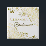 Elegant Gold Frills Bridesmaid Wedding Name Tag Button<br><div class="desc">Simple yet elegant name tag designed to identify your bridesmaids at your wedding shower,  rehearsal or other related event. Features an ornate gold frilly filigree with script lettering and a place to enter her  name.</div>