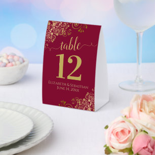 Elegant Gold Frills Maroon Burgundy Wedding Number Paper Table Tent