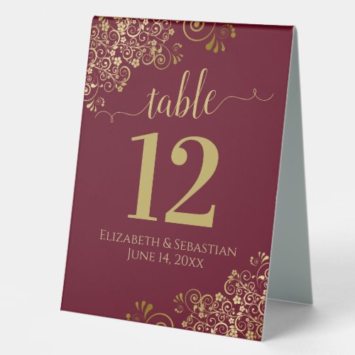 Elegant Gold Frills Maroon Burgundy Wedding Number Table Tent Sign