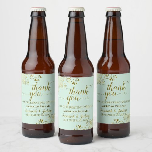 Elegant Gold Frills Mint Green Wedding Thank You Beer Bottle Label