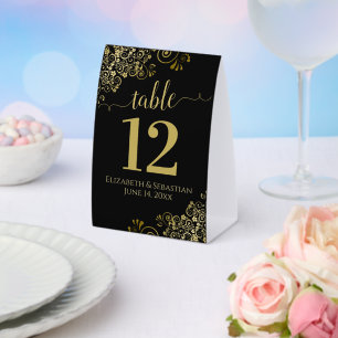 Elegant Gold Frills on Black Wedding Table Number Paper Table Tent