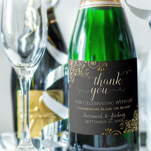 Elegant Gold Frills on Black Wedding Thank You Sparkling Wine Label