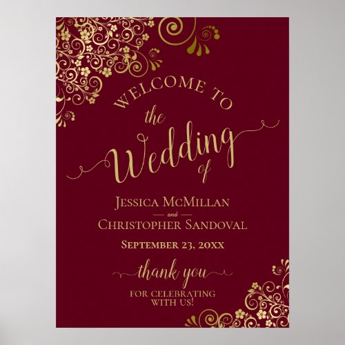 Elegant Gold Frills on Burgundy Wedding Welcome Poster