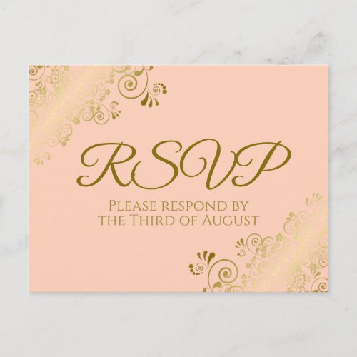 Elegant Gold Frills on Coral Peach Wedding RSVP Postcard