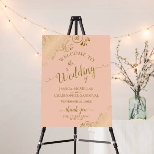 Elegant Gold Frills on Coral Peach Wedding Welcome Foam Board