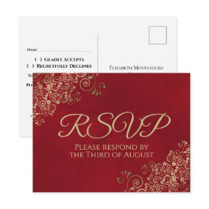 Elegant Gold Frills on Crimson Red Wedding RSVP Postcard