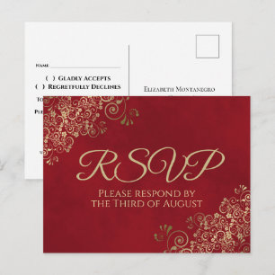 Elegant Gold Frills on Crimson Red Wedding RSVP Postcard