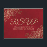 Elegant Gold Frills on Crimson Red Wedding RSVP Postcard<br><div class="desc">These RSVP postcards will make it easy for your guests to respond to your wedding invitation. They feature a sophisticated classy design with gold text on a lush marbled red background. The corners of the card are decorated with a lacy curly floral filigree. The back has a place to indicate...</div>