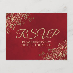 Elegant Gold Frills on Crimson Red Wedding RSVP Postcard