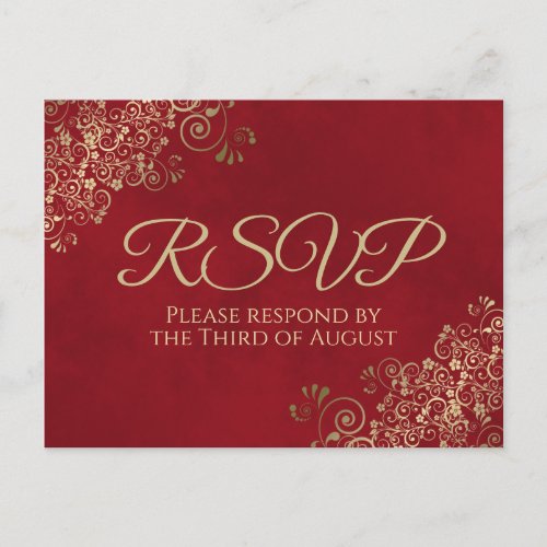 Elegant Gold Frills on Crimson Red Wedding RSVP Postcard