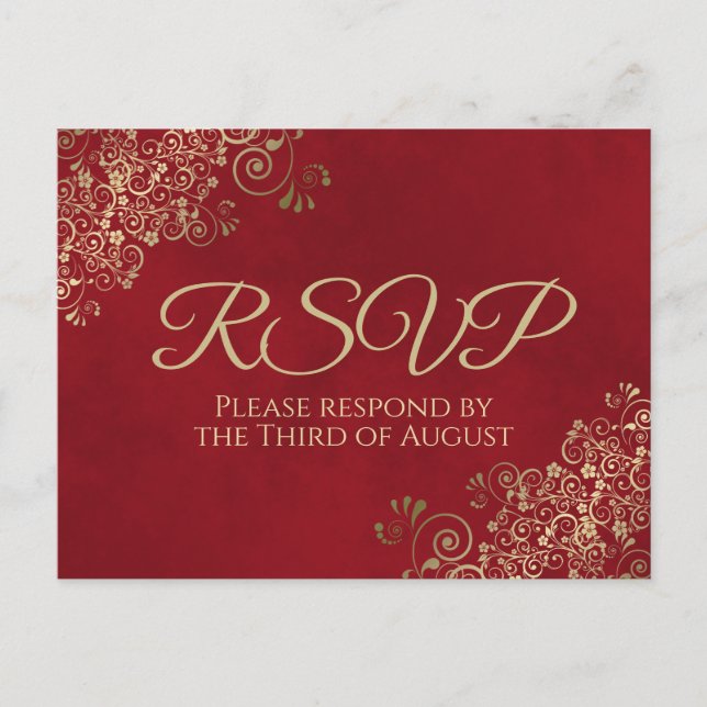 Elegant Gold Frills on Crimson Red Wedding RSVP Postcard (Front)