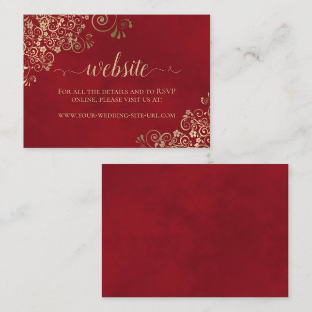 Elegant Gold Frills on Crimson Red Wedding Website Enclosure Card (Front/Back)