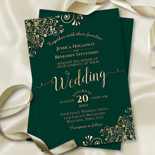Elegant Gold Frills on Emerald Green Wedding Foil Invitation