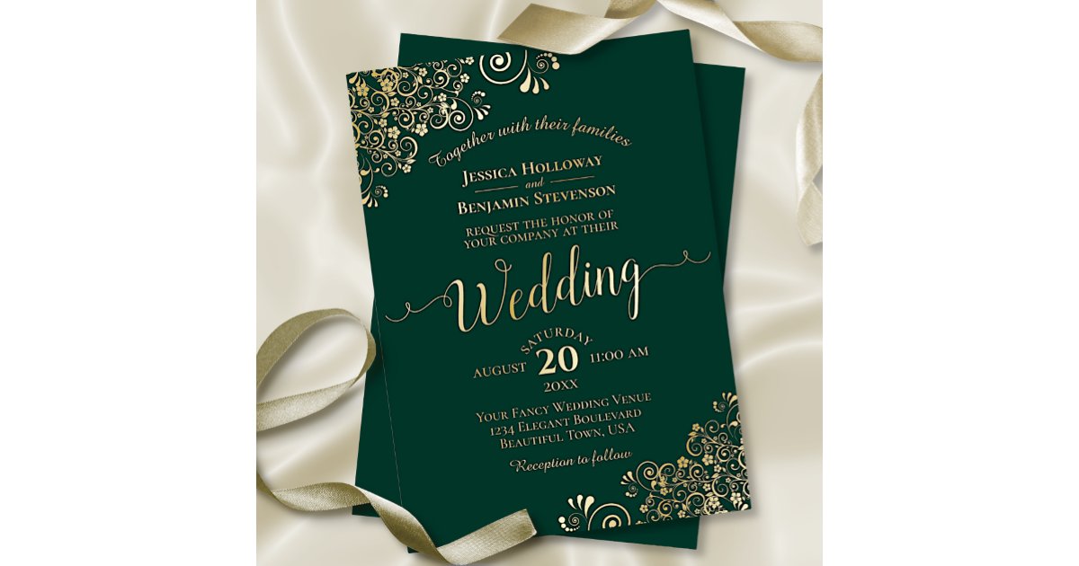 Elegant Gold Frills on Emerald Green Wedding Foil Invitation | Zazzle