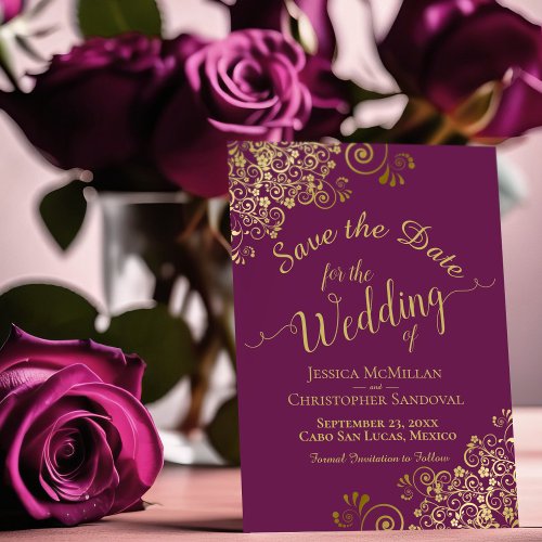 Elegant Gold Frills on Magenta Purple Wedding Save The Date