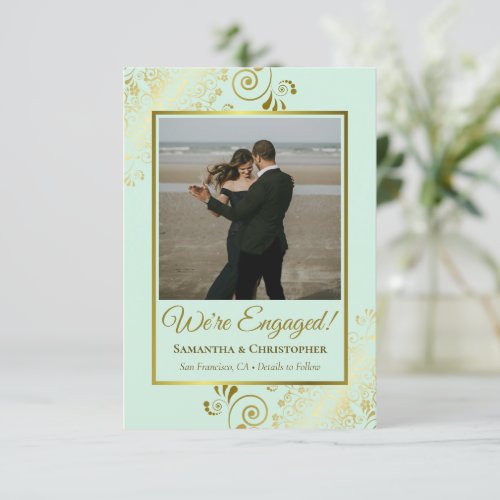 Elegant Gold Frills on Mint Green Photo Engagement Announcement