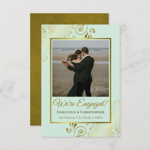 Elegant Gold Frills on Mint Green Photo Engagement Announcement