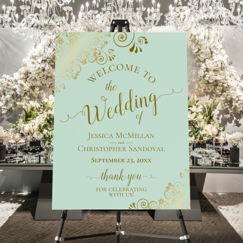 Elegant Gold Frills on Mint Green Wedding Welcome Foam Board