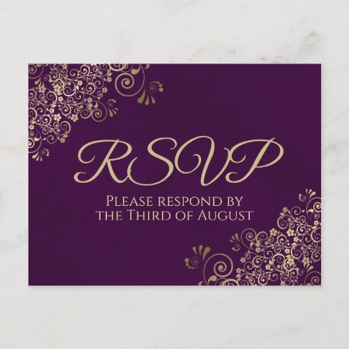 Elegant Gold Frills on Plum Purple Wedding RSVP Postcard