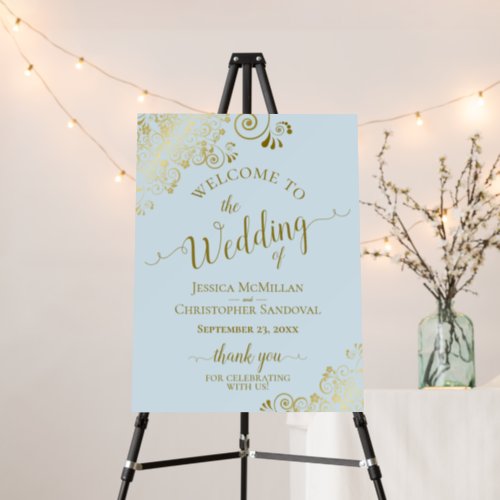 Elegant Gold Frills on Powder Blue Wedding Welcome Foam Board